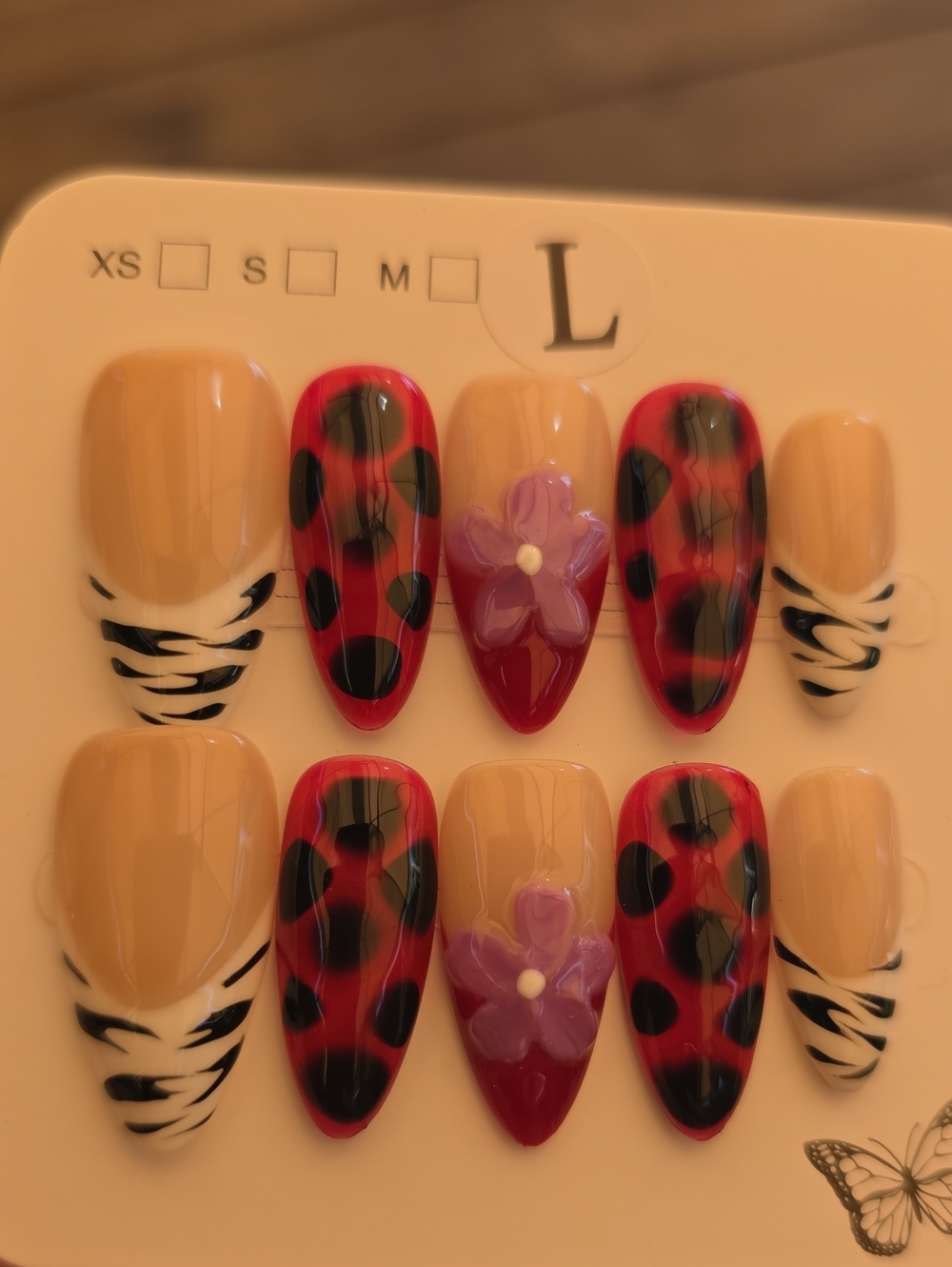 Red and Beige Floral Leopard Press-On Nails - Size Large